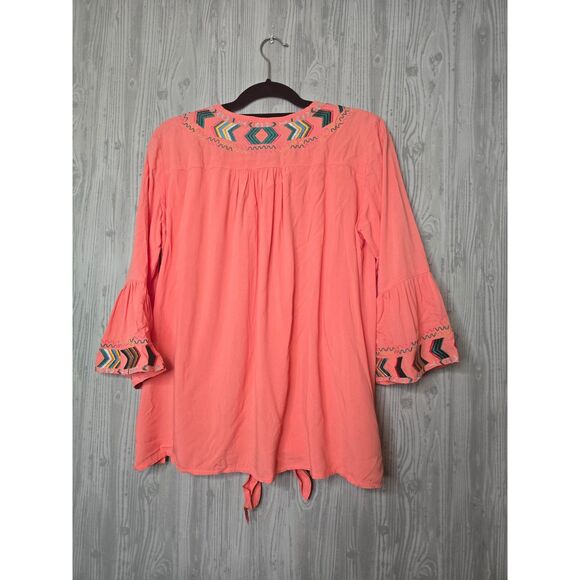 Lucky & Blessed Embroidered Boho Blouse Top Size S Coral Orange Tie Front NWT - Picture 2 of 6